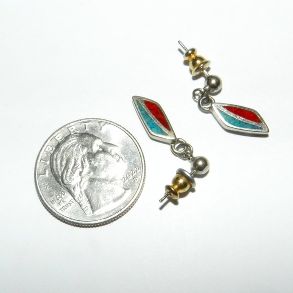 Vintage COP Turquoise And Coral Chip Inlay Small Earrings - Picture 2 of 4